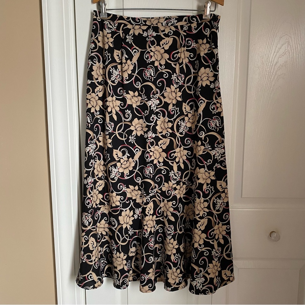 Sag Harbor Black Tan Floral A-Line Maxi Skirt 14 90s Fall Flowy Cottage Whimsy